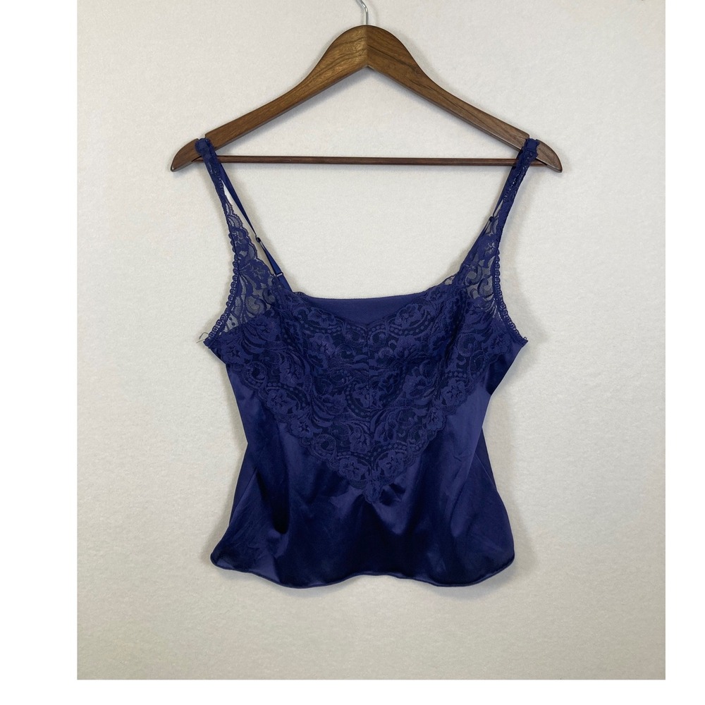 Vintage Vanity Fair Navy Blue‎ Lace Trim Satin Cami Tank Top